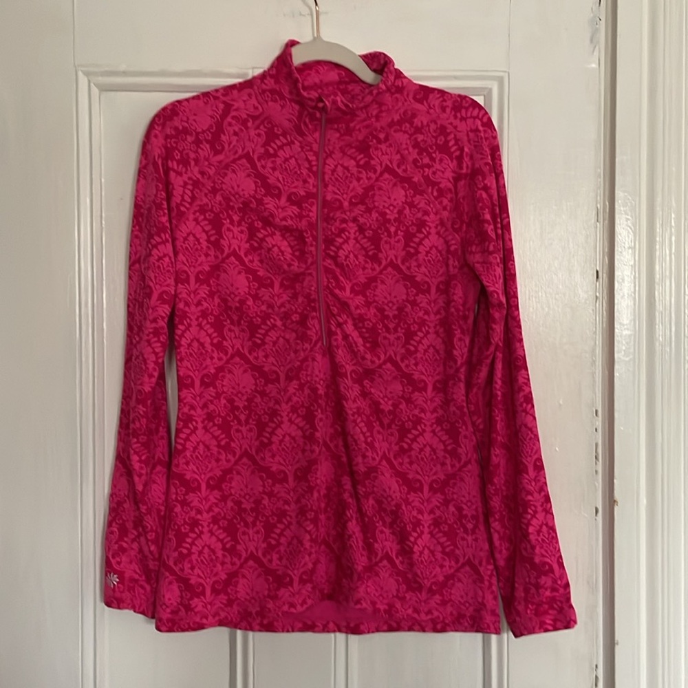 Athleta quarter-zip pullover, pink brocade pattern, size Medium
